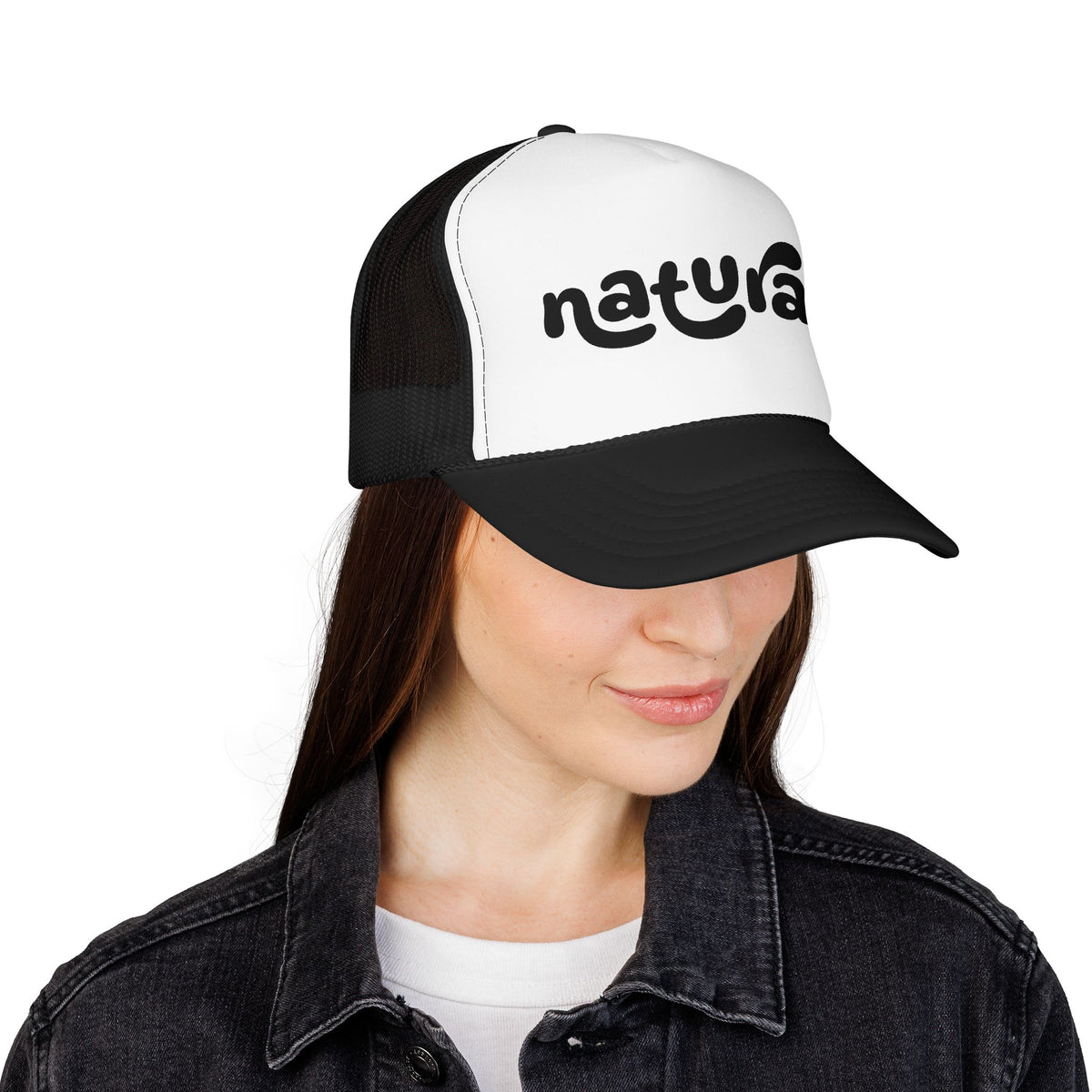 Natural - Foam Trucker Hat Retro Script Eco Vibe Mesh Cap
