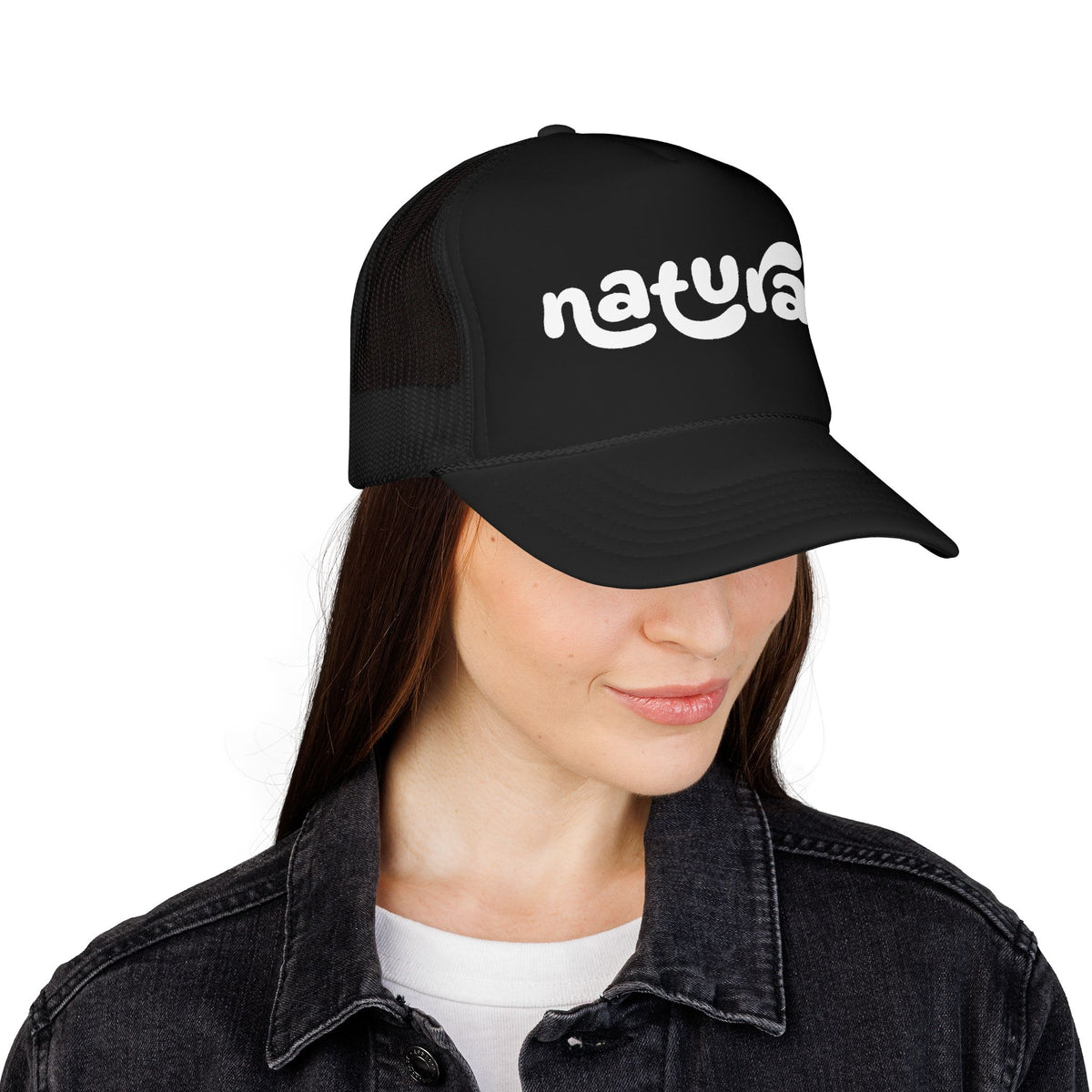 Natural - Foam Trucker Hat Retro Script Eco Vibe Mesh Cap