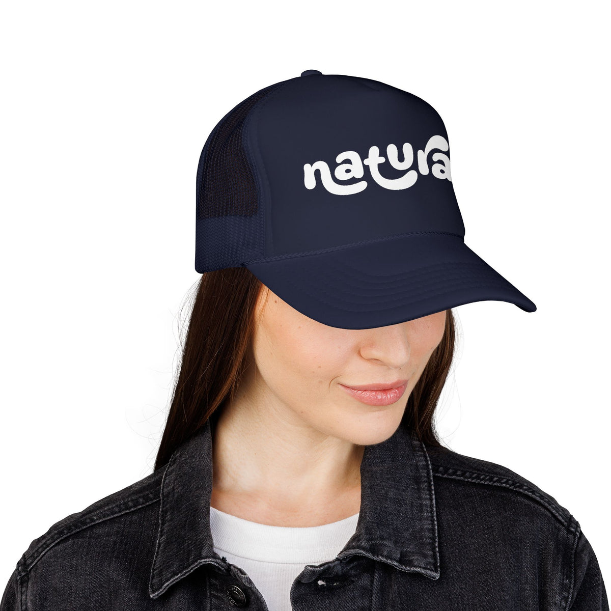Natural - Foam Trucker Hat Retro Script Eco Vibe Mesh Cap