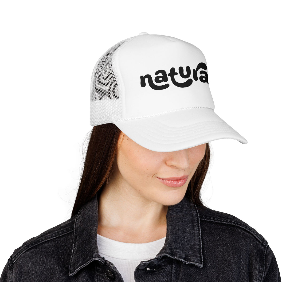 Natural - Foam Trucker Hat Retro Script Eco Vibe Mesh Cap