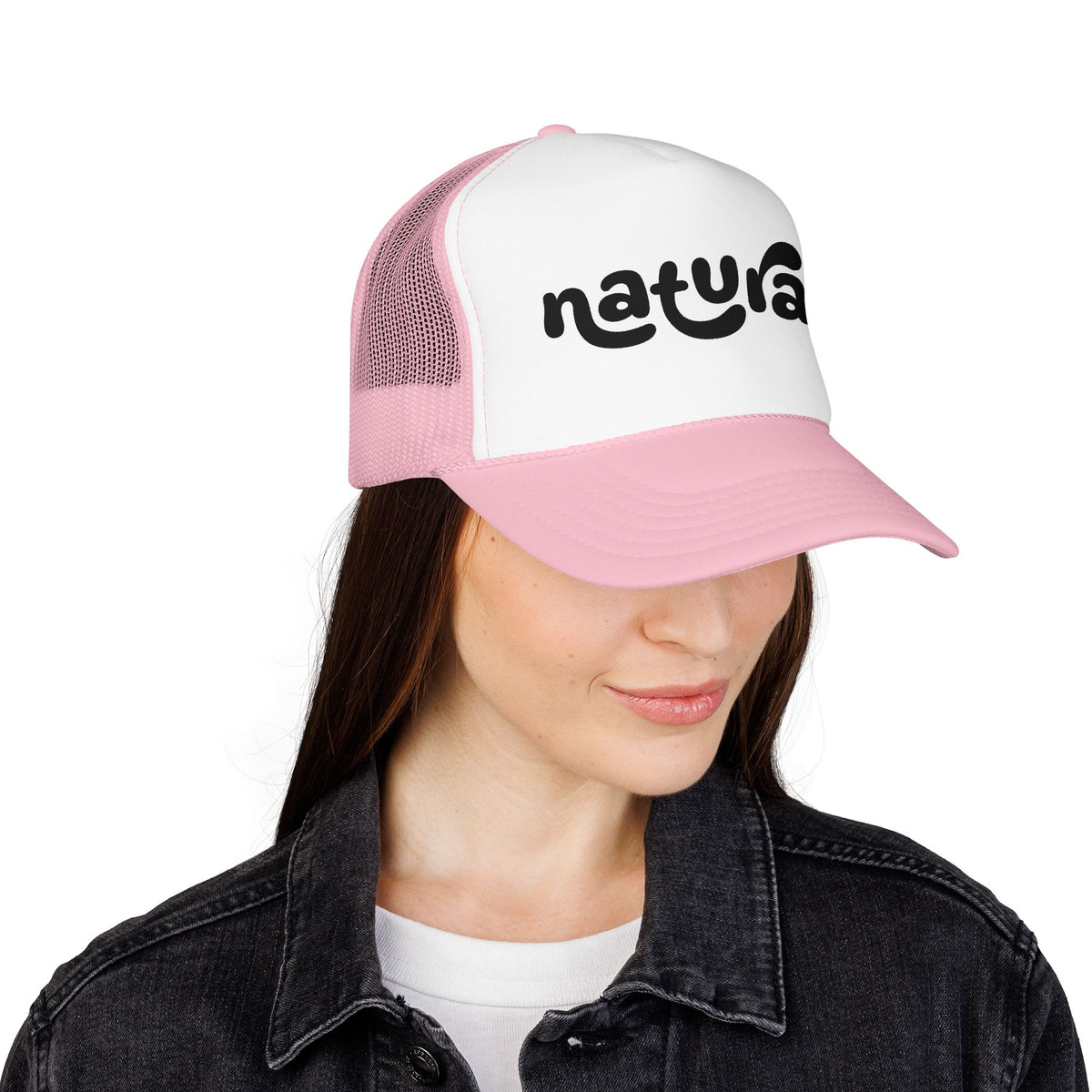 Natural - Foam Trucker Hat Retro Script Eco Vibe Mesh Cap